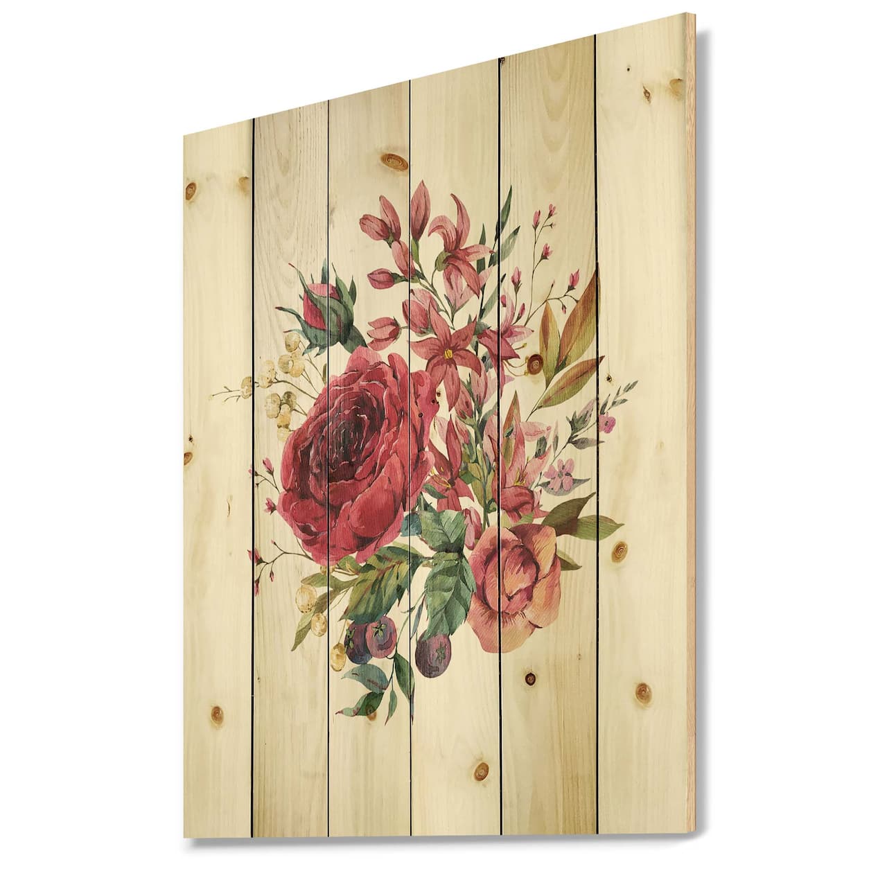 Designart - Vintage Burgundy Rose and Wildflowers - Farmhouse Print on Natural Pine Wood